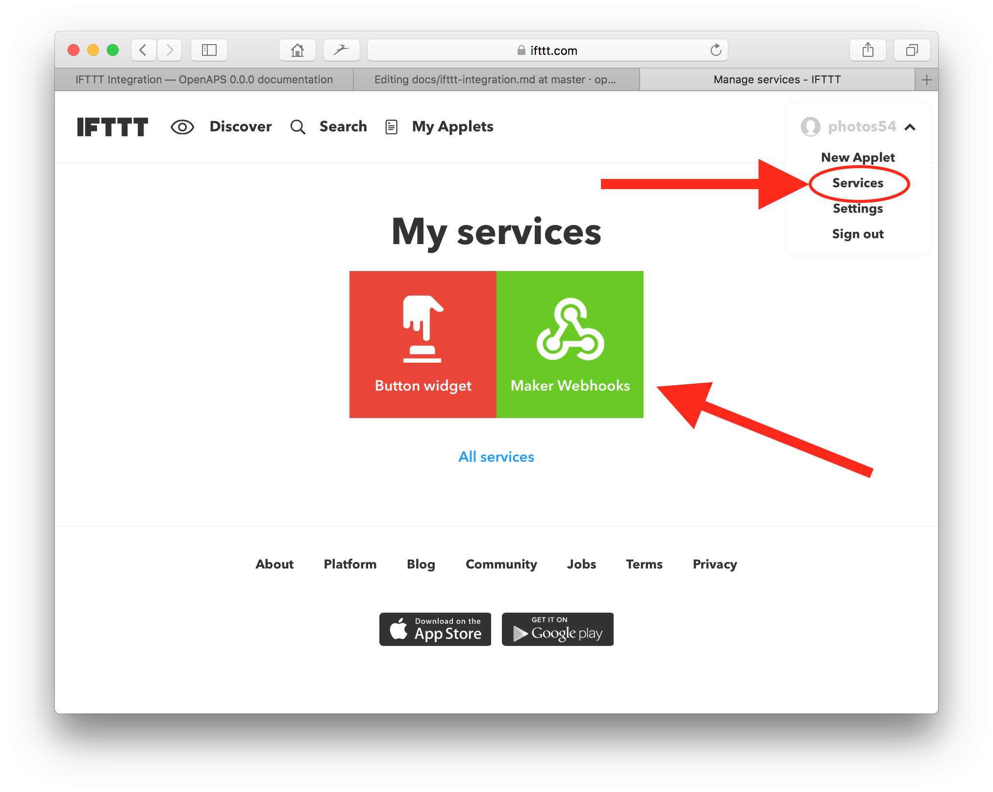 IFTTT services account